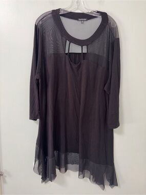 Cha Cha Vente Black Sheer Mesh Trim 3/4 Sleeve Tunic Chest Cutouts 3X